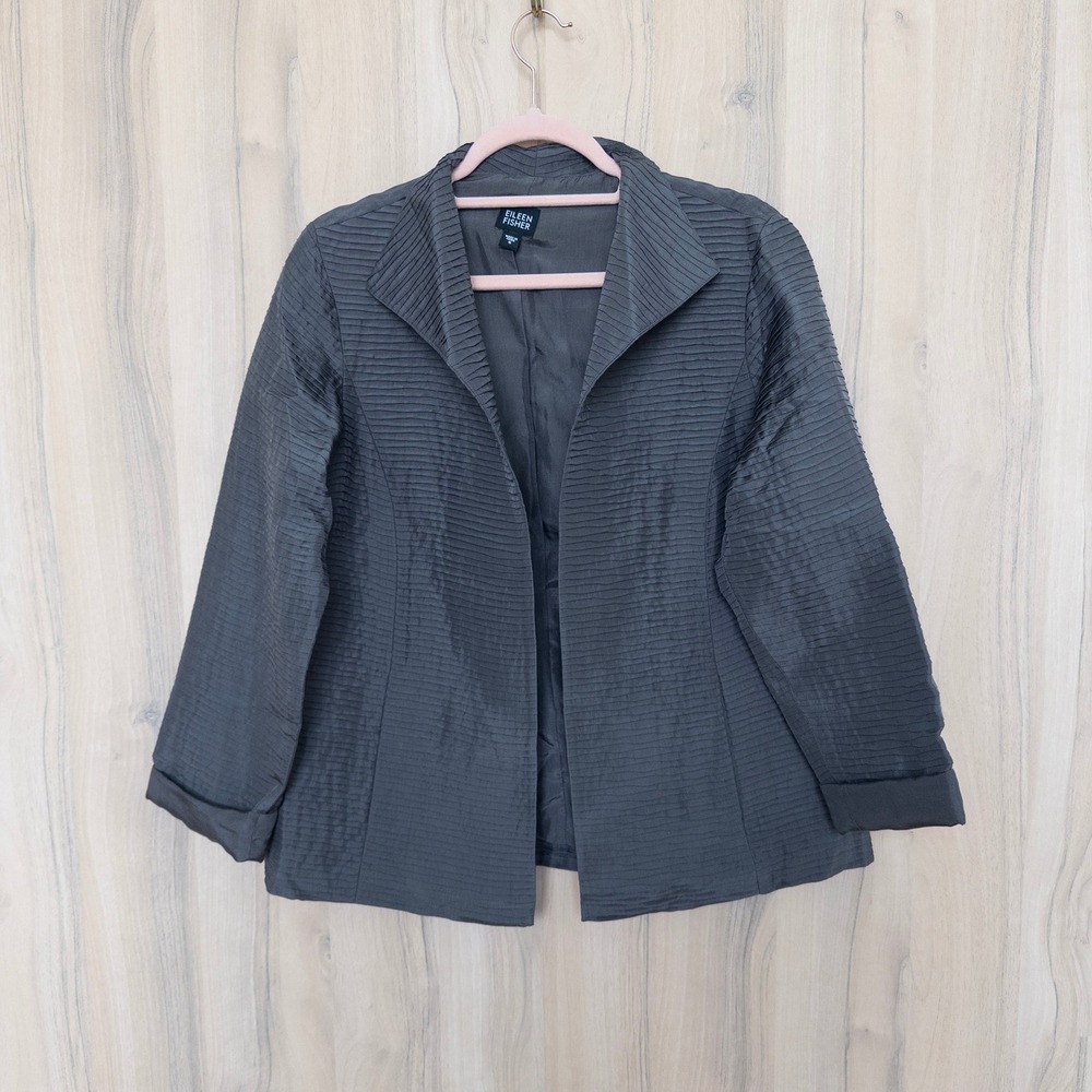 Eileen Fisher Womens Silk Blazer Jacket S Gray Pleated Open Front Quiet Luxury